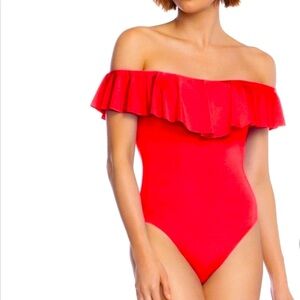 🔥TRINA TURK SOLIDS MONACO off-the shoulder CORAL 1 piece SIZE 4📍NEW W TAGS!